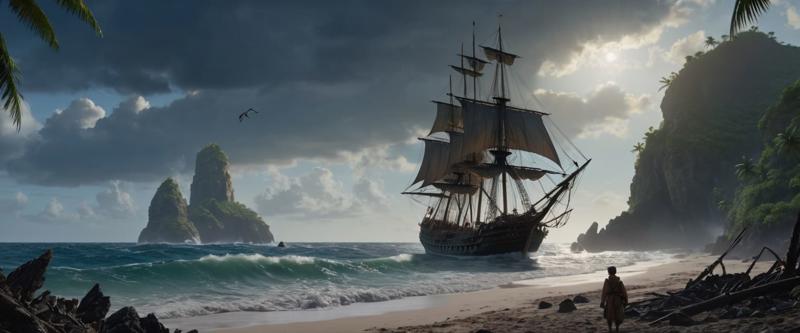 19486-4071150464-cinematic movie of spanish explorers on the beach looking to a ultra realistic sailing ship stranded and shattered, marco polo,.jpg